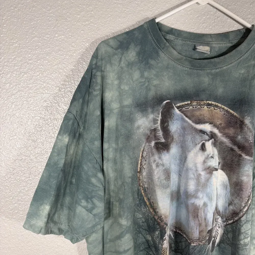 Vintage The Mountain Wolf Dreamcatcher Tie Dye Graphic T-Shirt Blue Grey Men 3XL